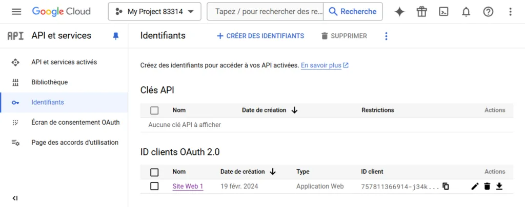 Identifiants OAuth2 de Google